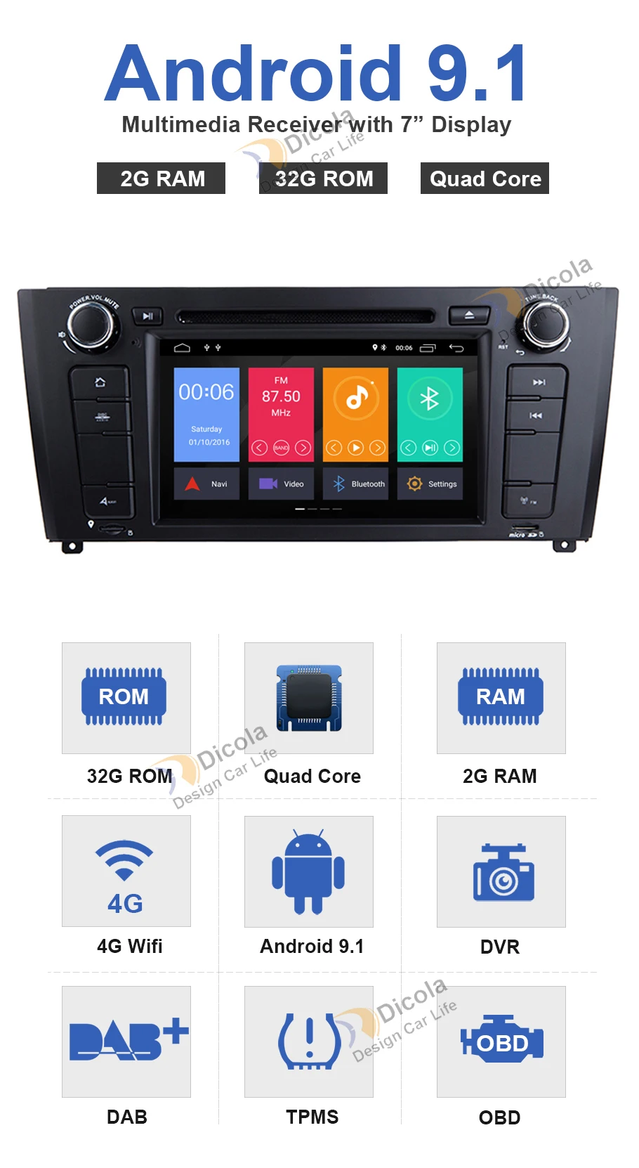 Discount 7"1 Din Android 9.1 Quad Core Car Radio GPS Navi Car DVD Player For BMW 1 Serie E81 E82 E87 E88 I20 2004-2011 Head Unit BT Wifi 4