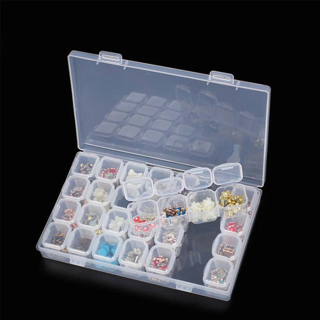 

Hot Sale 28 Slots Nail Art Storage Box Plastic Transparent Display Case Organizer Holder for Nail DIY Rhinestone Beads