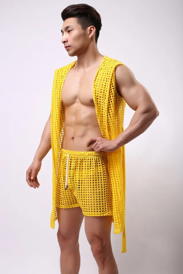 2017 Fashion HOT Men Robes Bathrobe Brand Sexy Fishnet See Inner Men Long Robe Sleepwear Mesh Hoodie Sleep Lounge Size S M L red and black plaid pajama pants