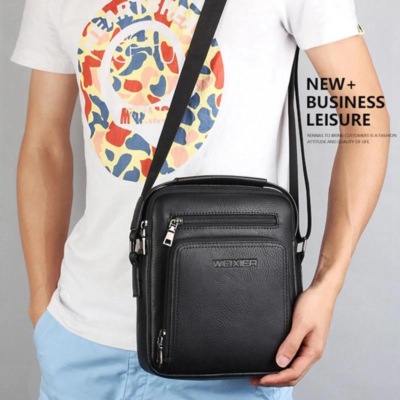 WEIXIER Casual Men Crossbody Bags Pu Leather Messenger Bag Designer Men Handbag Top Male Shoulder Bags(Black