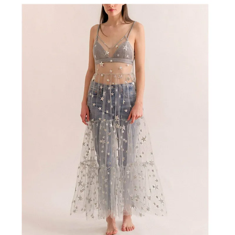 New Fashion Women Mesh Sheer Beach Dress Lace Sexy Young Female Bikini Cover Up Casual Star Maxi Dress Summer
