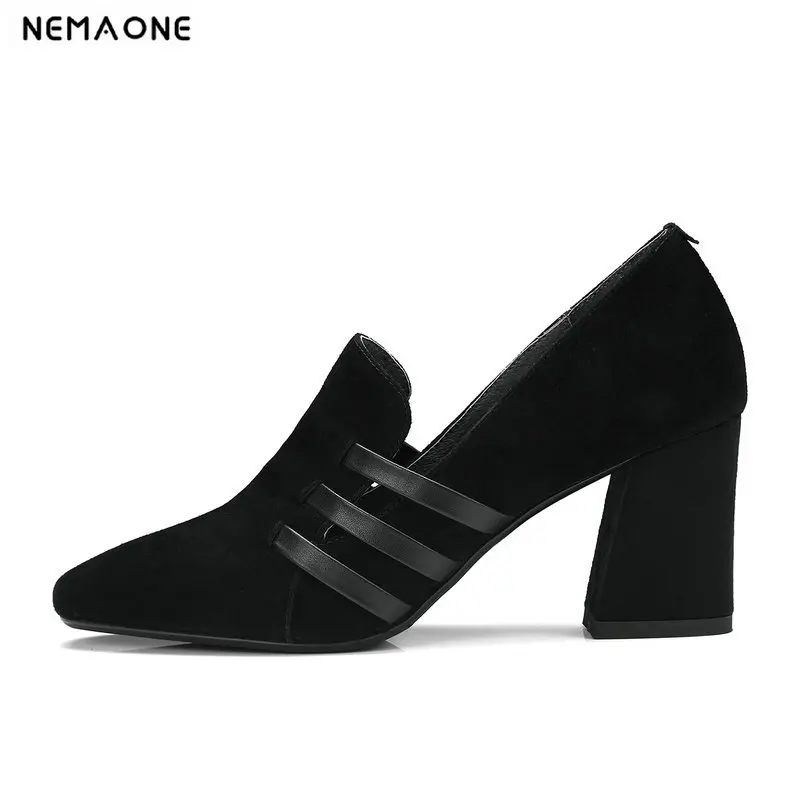 

NNEMAONE 2019 Fashion Suede Thick High Heels Round Toe Thich High Heels Pumps Shoes Sexy Genuine Leather Shoe Size34-42