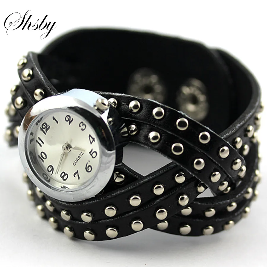 

shsby fashion Small circular rivets leather quartz cross leather bracelet watch woman man dress watch