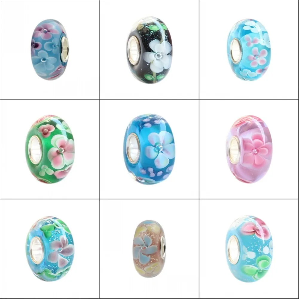 

925 Sterling Silver Large Hole 3D Flowers Murano Glass Charm Beads Fit European Bracelet Jewelry