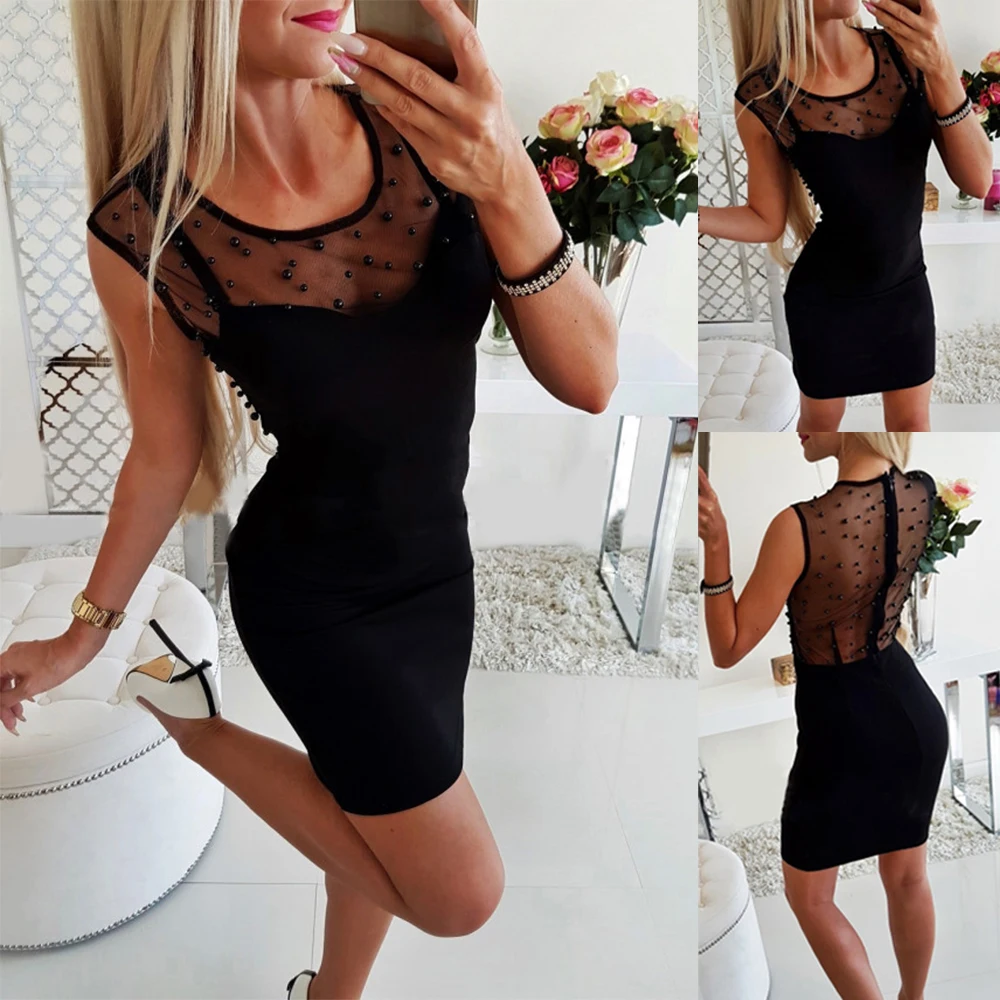

2019 New Listing Sexy Dress Mesh Patchwork Sleeveless Bodycon Dress Women Dress