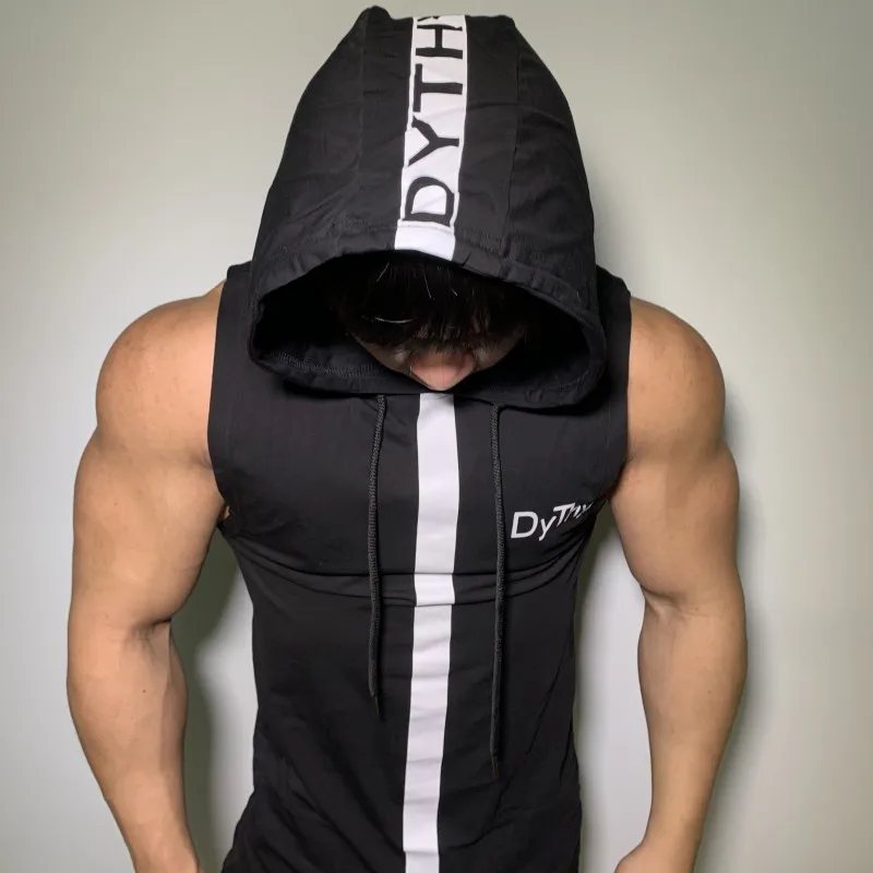 

Men Fitness Hoodies Tank Tops Sleeveless Bodybuilding Tee Shirt Fashion Stringer Male Workout Hooded Vest Sportswear