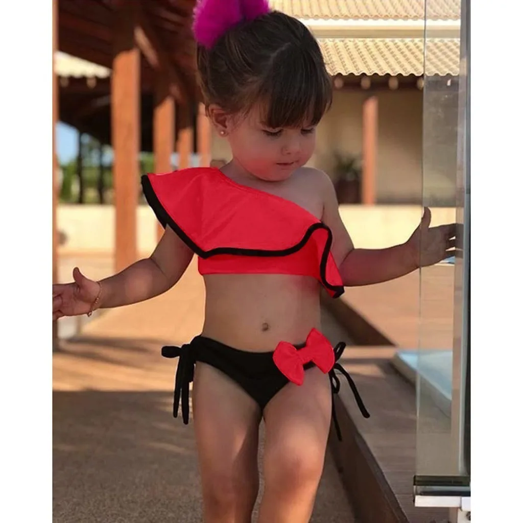 

Children Swimwear for Girls Polyester Two Pieces Swimsuit Bathing Suit Bikini Beach Summer Solid Ruffles Swimsuits Outfits K417