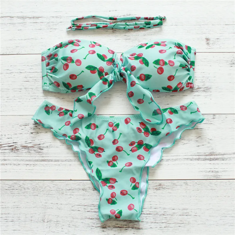 2016 Summer Style Cherry Printed Bikinis Set Sexy Bandage Women Bandeau Push Up Swimsuit Female Swimwear Bathing Suit |