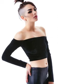 

Velvet Dungeon Gothic Dark Design Punk Rock Long Sleeve Slash Neck Drop Shoulder Black Tops Shirts Cut Off Shirt