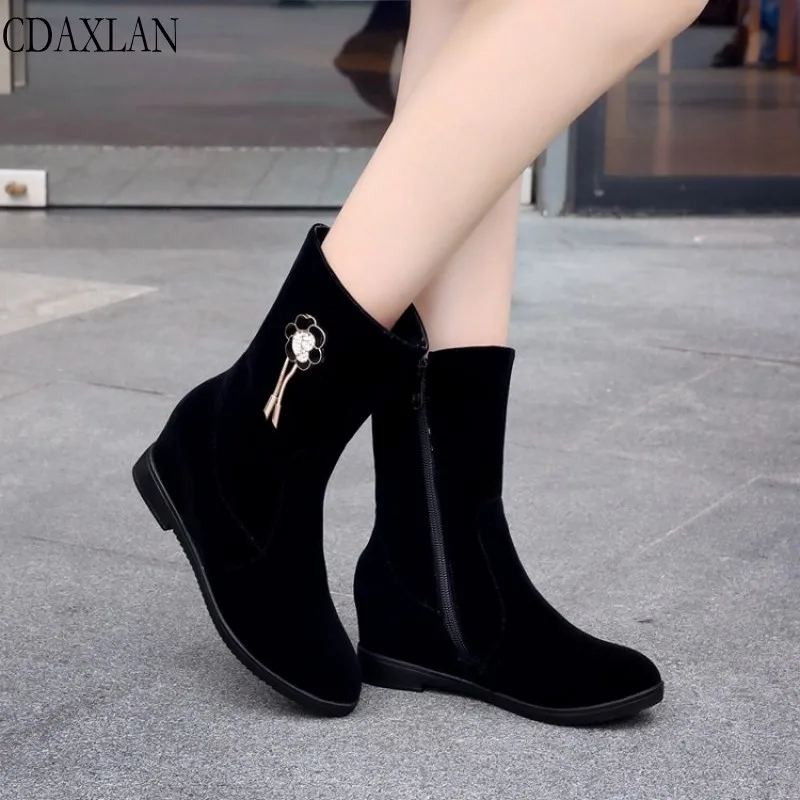 

CDAXILAN new arrivals women's Mid-calf boots velvet fabric increase within wedge heel flat bottom side zipper short boots autumn