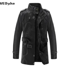 Новое черное длинное кожаное пальто с воротником-стойкой для мужчин, тонкая Толстая Теплая мужская кожаная мотоциклетная куртка
