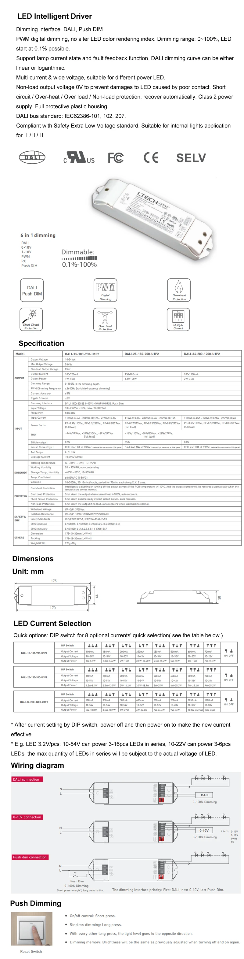 Интерфейс Dali для управления диммерами; UL certify AC100-240V вход; 200-1200mA 36 Вт выход Dali 0-10 в 1-10 в PWM RX Push Dim светодиодный регулируемый драйвер