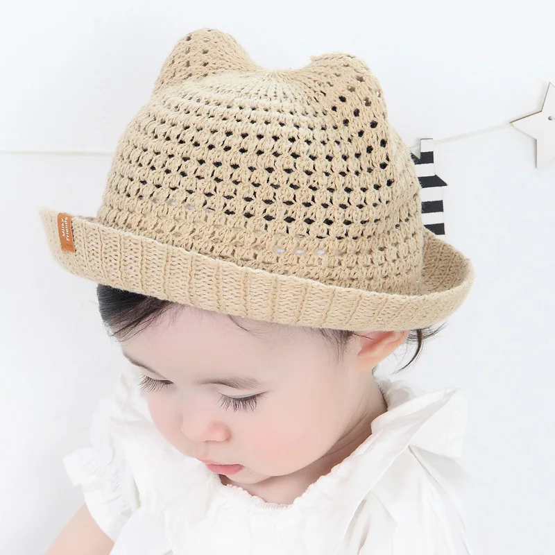 Ideacherry/модные соломенные шляпы с ушками, дизайнерские детские шапки для девочек, детская летняя кепка, Панама для мальчиков, однотонная пляжная Панама, s