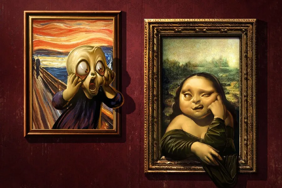 

DIY frame When the Cry See the Fat Mona Lisa Funny Painting Style Fabric Silk Poster Print Picture For Home Decoration