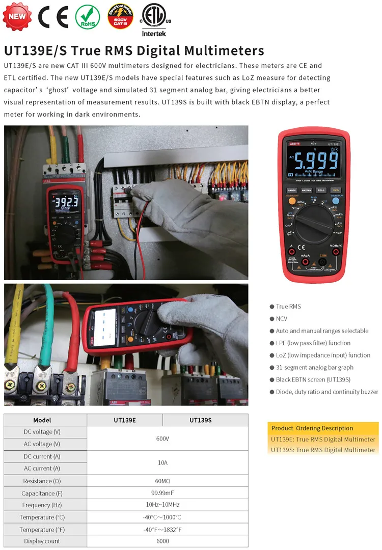 UNI-T UT139S True RMS цифровой мультиметр, LPF(фильтр низких частот)/LoZ(вход с низким импедансом) функция/температурный тест EBTN дисплей