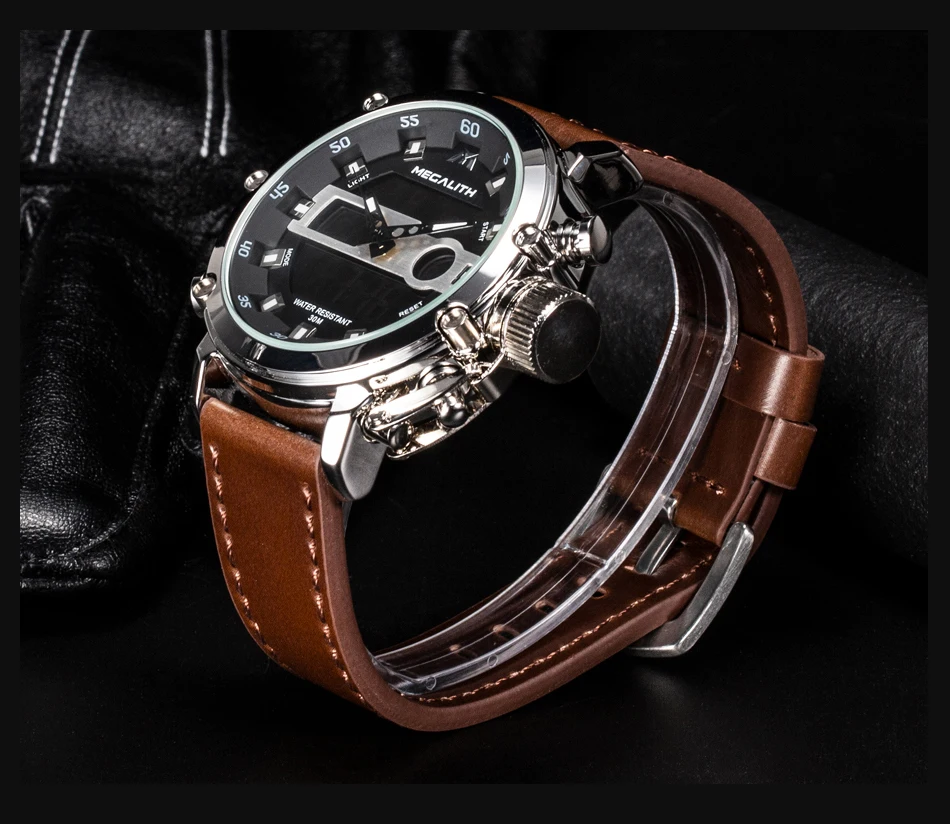 MEGALITH, модные мужские спортивные кварцевые часы, двойной дисплей, аналоговый цифровой светодиодный, электронные наручные часы, водонепроницаемые военные часы для мужчин
