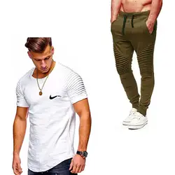 2019 новая футболка + брюки Для мужчин наборы плиссированная рубашка Штаны Для мужчин брендовая одежда два Костюм из нескольких предметов