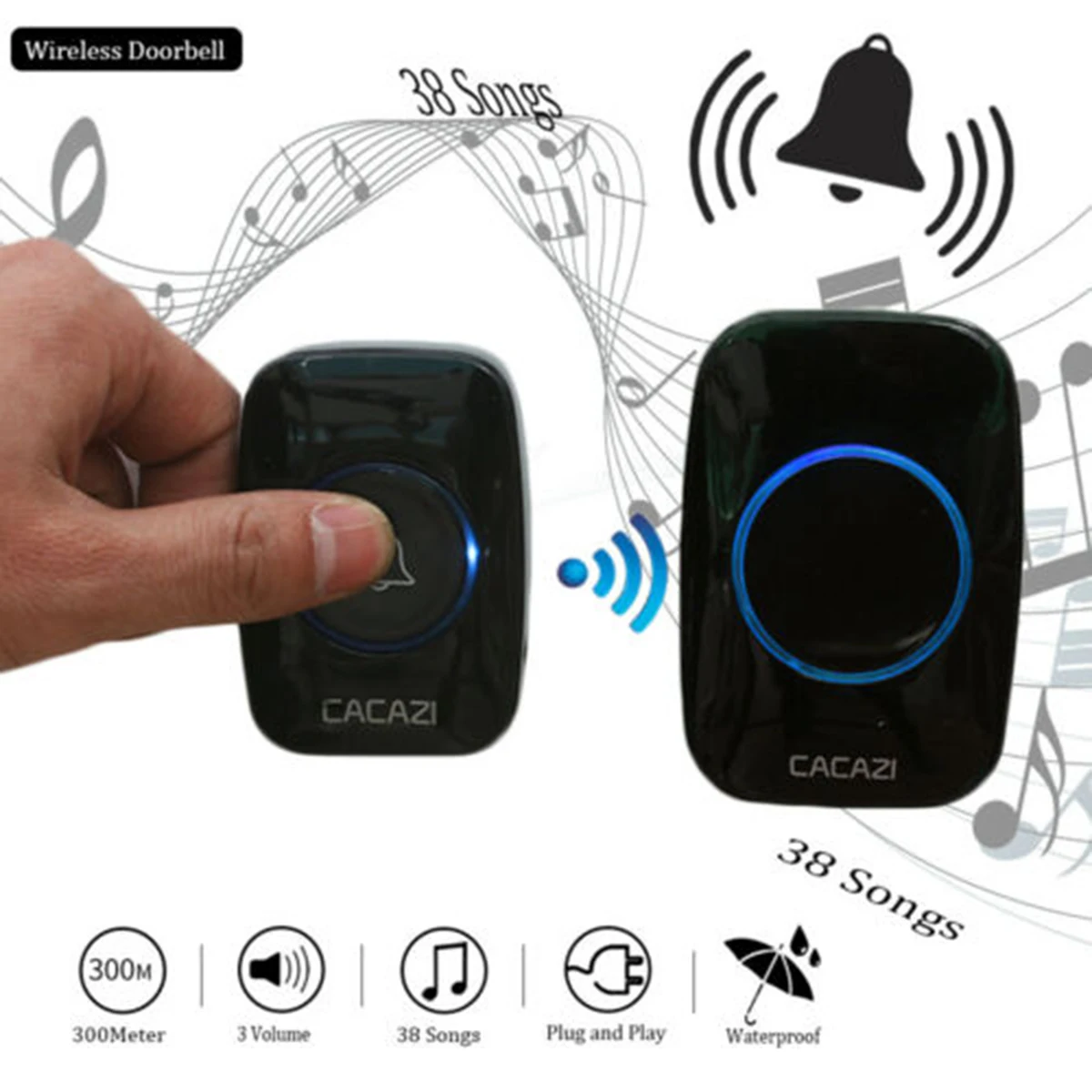 

EU/UK/US Plug 300M Remote Control Waterproof LED Wireless Doorbell 38 Songs Chime Door Bell