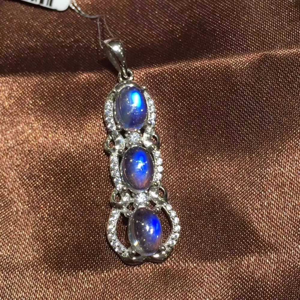Uloveido Blue Moonstone Pendant Necklace Women 925 Sterling Silver Gemstone Peace Bean Necklace