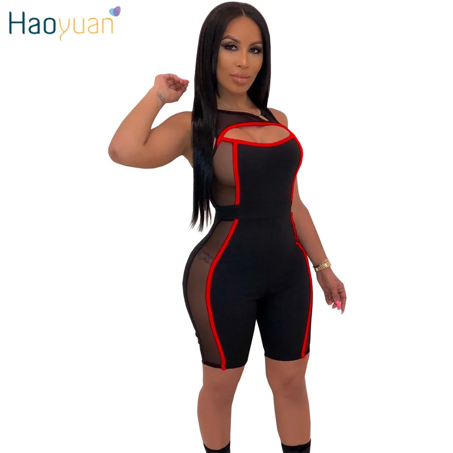 HAOYUAN النيون مخطط بقماش شفاف خليط مثير السراويل بذلة الصيف ارتداءها الأزياء وزرة عارضة السروال القصير Bodycon Playsuits