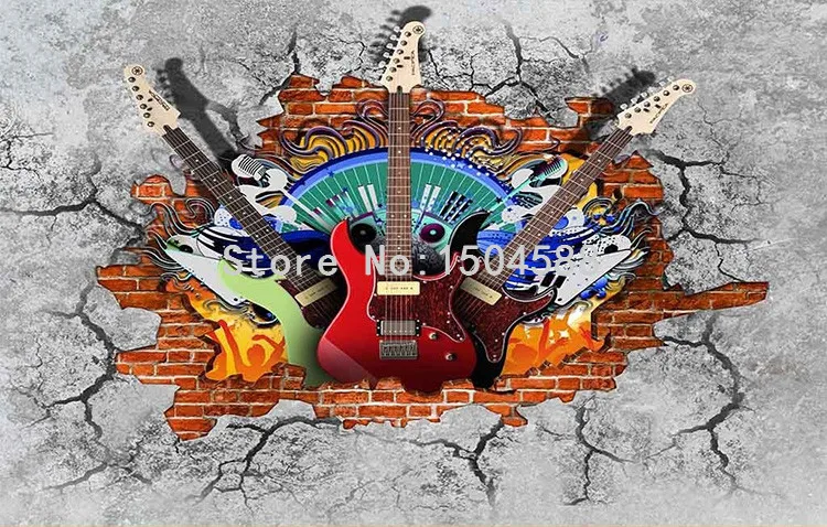 Фото обои Персонализированная отделка 3D стерео гитара Рок кирпичная стена KTV бар ресторан современный Винтаж Фото Обои mural