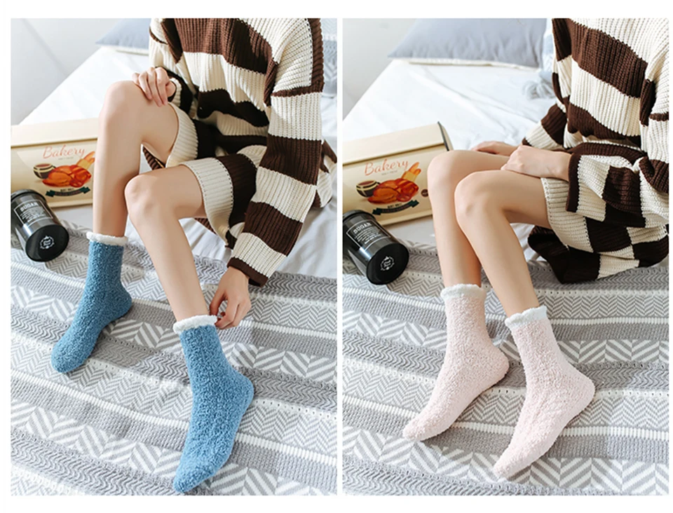 Hot adies Comfortable Winter New wWrm Bed Socks Floor Home Fluffy Candy Color Socks Coral Fleece Feet In The Tube Christmas (9)