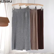 Винтажный элегантный зимний женский свитер юбка эластичная высокая талия Длинный разрез сзади вязаная юбка прямая женская однотонная Плотная юбка