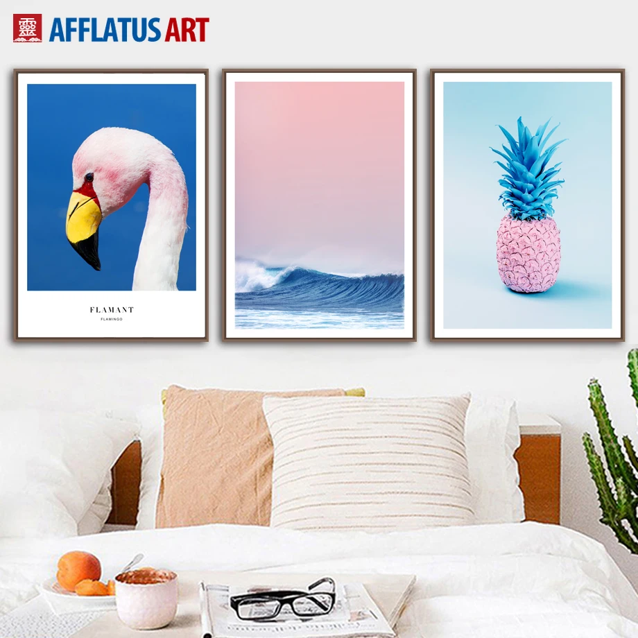 

AFFLATUS Pineapple Sea Flamingo Landscape Wall Art Print Canvas Painting Nordic Poster Wall Pictures For Bedroom Room Wall Decor