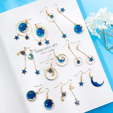 Новые модные голубые космические вселенные серьги в виде Луны и звезды для женщин золотого цвета Вселенная планета круг Асимметричные Длинные Серьги