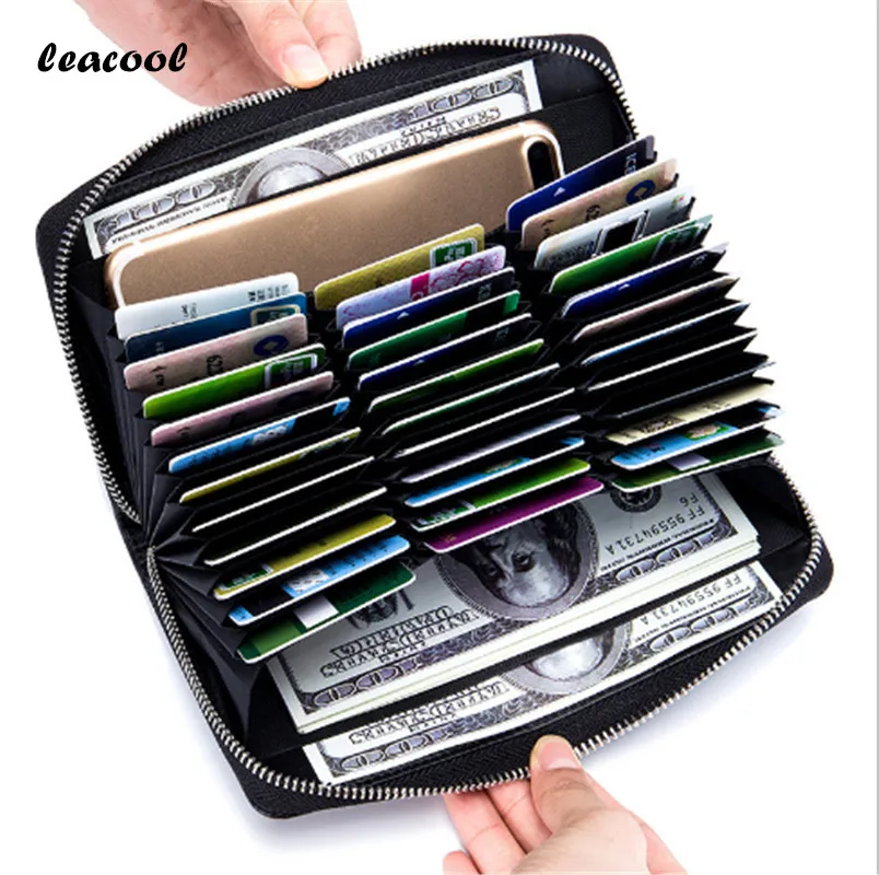 

LEACOOL Accordion Design 36 Cards Genuine Leather RFID Women Long Wallet Solid Zipper Clutch Wallets Organizer Phone Card Holder