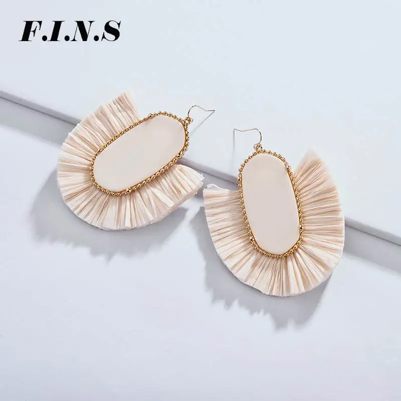 

F.I.N.S 4 Colors Drop Earrings Jewelry Ethnic Earrings Fringed Raffia Tassel Big Oval Acrylic Resin Statement Earrings for Women