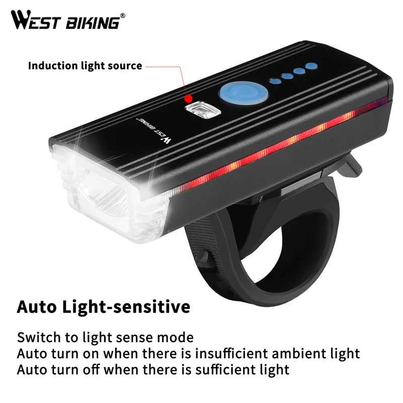 Top WEST BIKING Bike Front Light LED Flashlight With Horn USB Charging Induction Cycling Headlight Waterproof Torch Bicycle Light 4