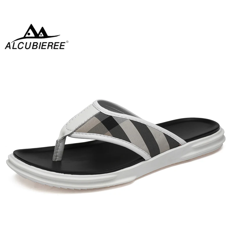 

ALCUBIEREE Fashion Mens Striped Flip Flops Outdoor Male Comfortable Non-slip Flat Slippers for Men Genuine Leather Beach Sandals