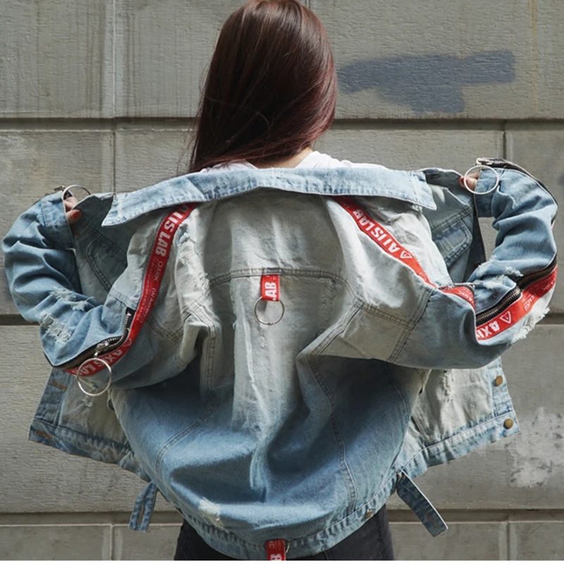 Chaquetas Mujer Blue Vintage Jean De Vestes Effilochée Mode Femmes Denim 2018 Printemps Zipper Automne Slim Base Lâche Hoop Wyf66 Trou Manteaux TxzURx