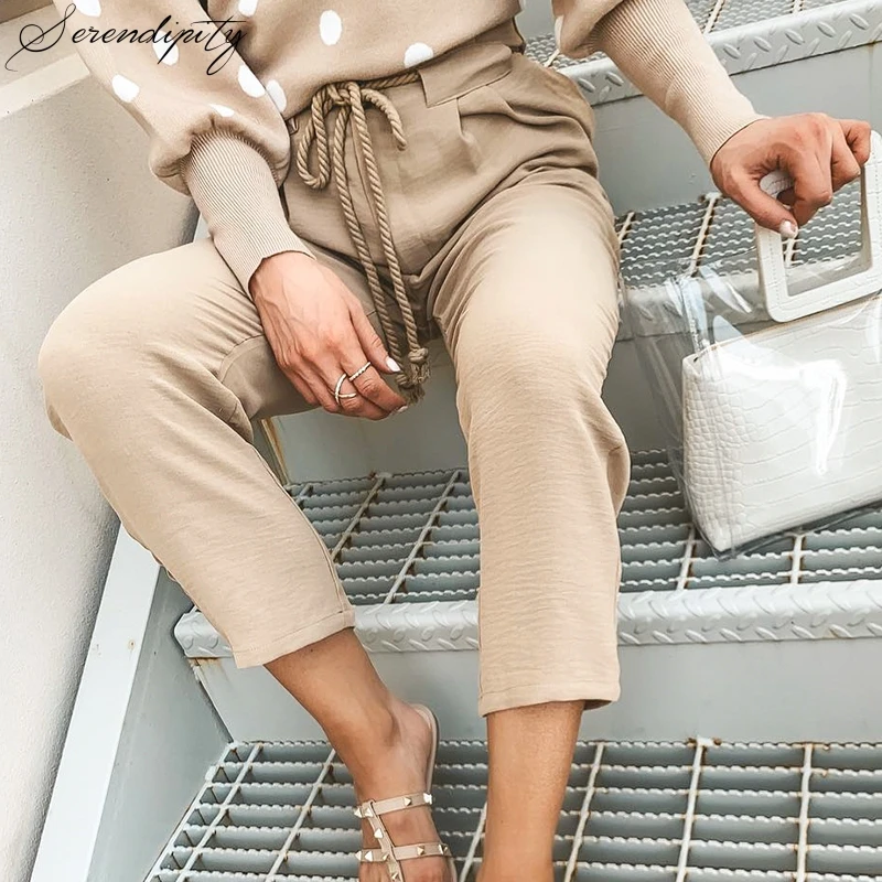 

SRDP Casual khaki string women harem pants Lace up pleated pocket pants & capris Streetwear solid plus size pencil work pants
