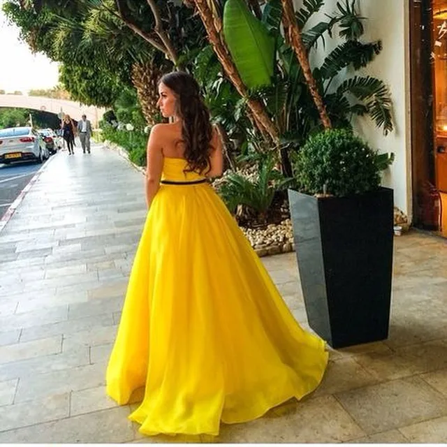 Yellow Strapless Floor Length Prom Dress With Black Sash Elegant Formal