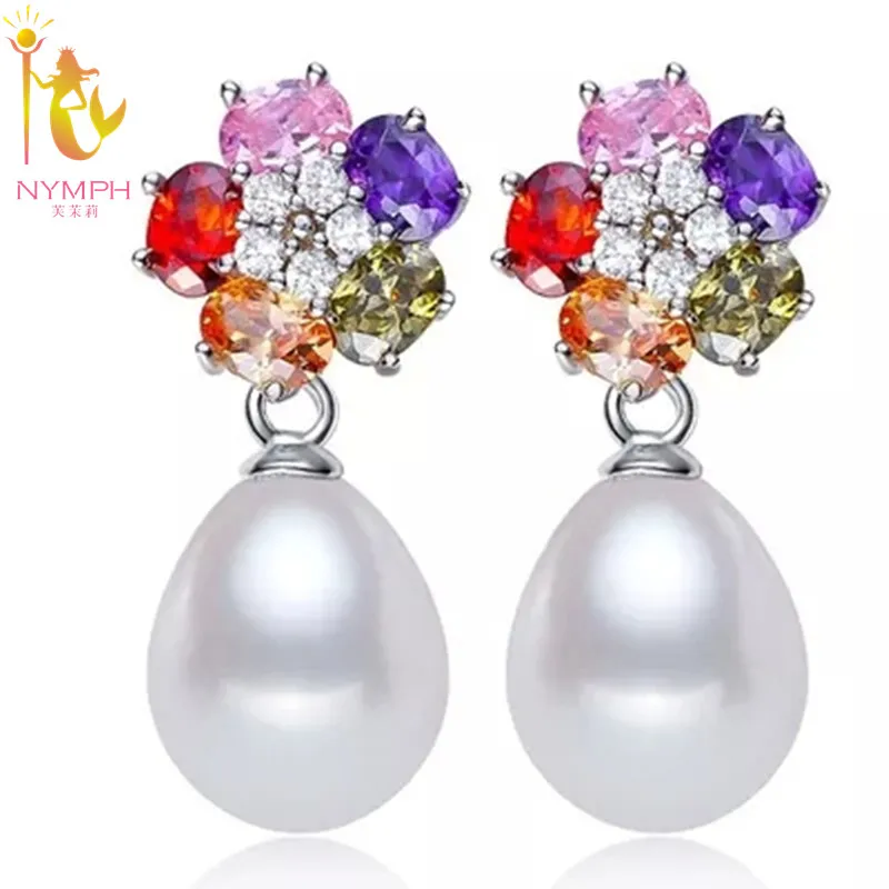 

NYMPH Pearl Earrings Sterling Silver Fine Jewelry Real 8-9mm Natural Pearl Earrings Trendy Gift for For Women Colorful E117