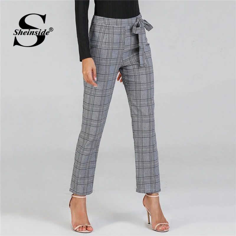 

Sheinside Women Pants Grey Casual Trousers Women Fashion Long Pants Autumn Clothes 2018 Womens Clothing Waist Knot Plaid Pants