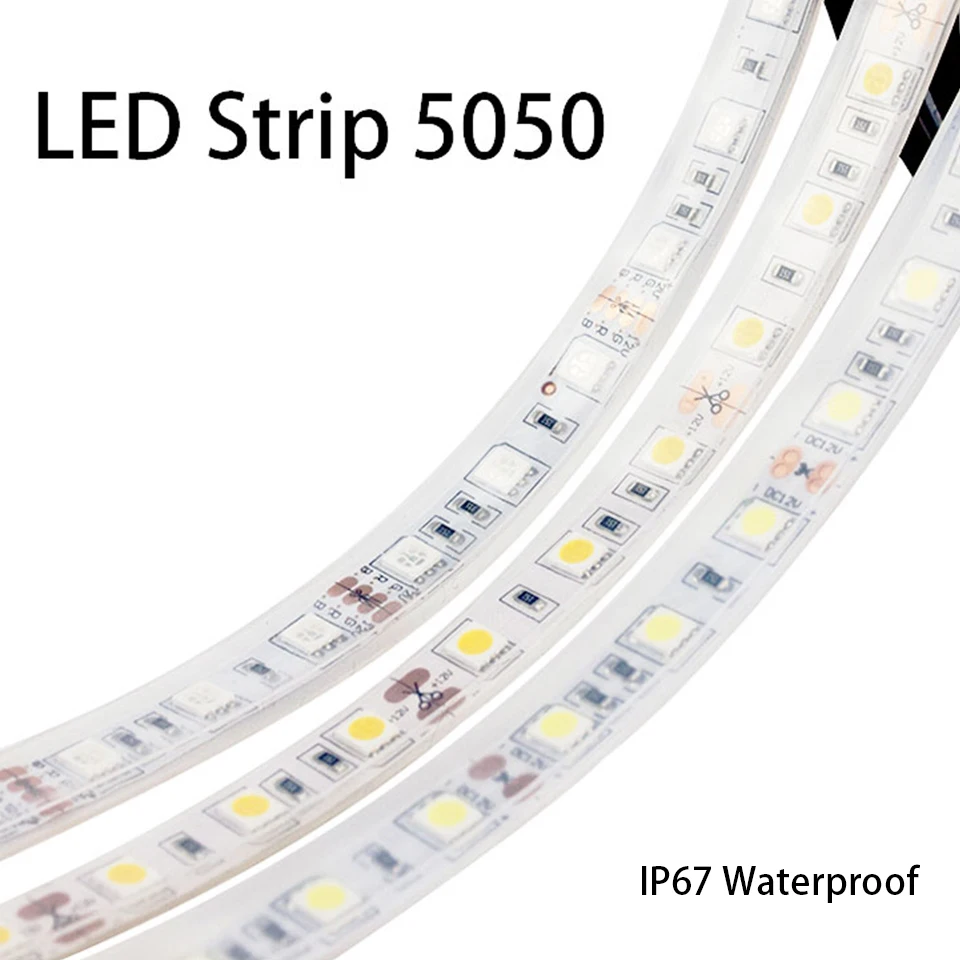 

IP67 Waterproof 12V LED Strip 5050 Flexible Led Tape+Milky Cover 60leds/m RGB White Warm White 5m/roll Ribbon For Kitchen Use