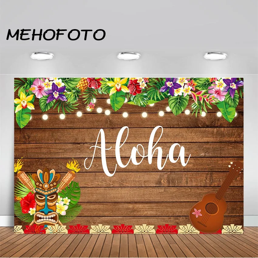 

Summer Aloha Luau Party Backdrop Tropical Hawaiian Flowers Wooden Photography Background Tiki Mask Backdrops Party Studio Props
