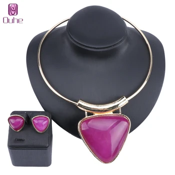 

African Beads Jewelry Sets For Women Wedding Bridal Resin Gem Triangle Pendant Statement Necklace Earrings Accessories Set