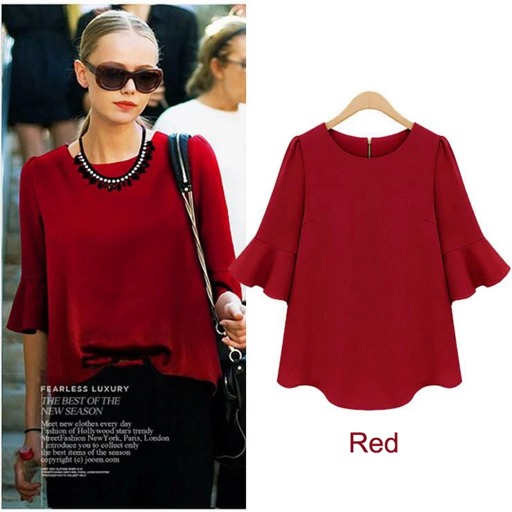 Черная красная шифоновая блузка большого размера Летняя Повседневная Свободная рубашка с расклешенными рукавами M L XL XXL XXXL 4XL 5XL размера плюс женская одежда