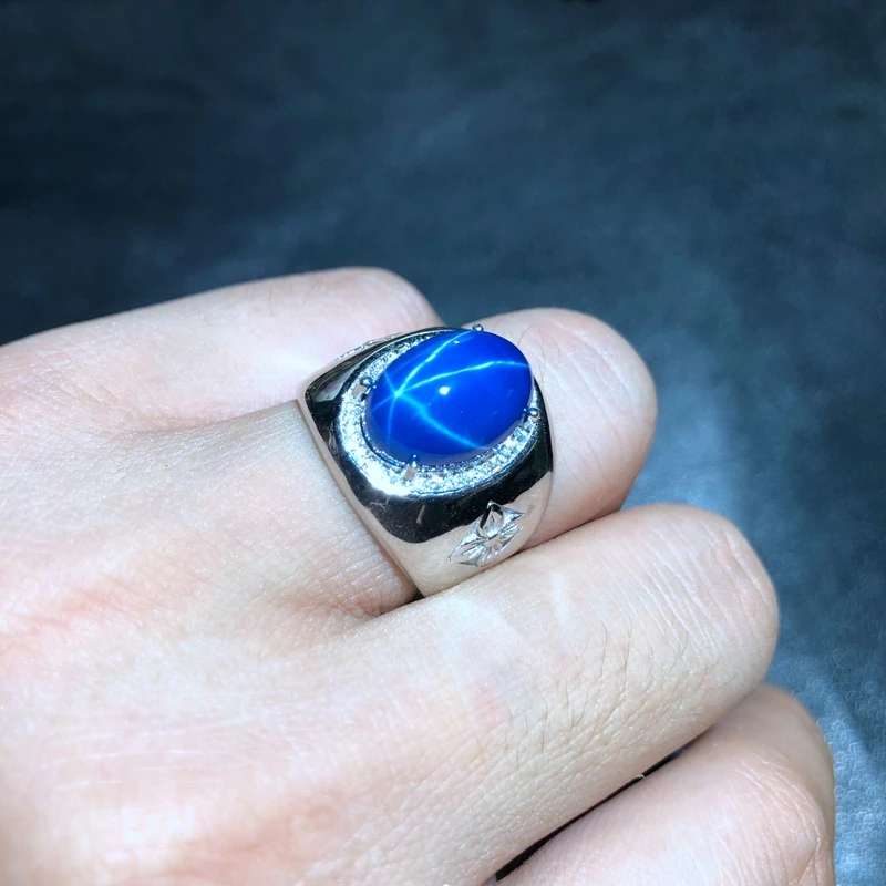 classic shiny blue Star Sapphire ring for men silver ring mascular