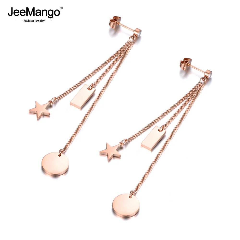 

JeeMango Stainless Steel Jewelry Rose Gold Color Tassel Earrings Round Disc & Star & Block Gift Boucle Doreille Brincos JE18334