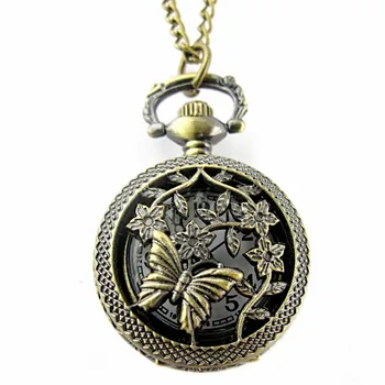 

Retro Bronze Pocket Quartz Watches Butterfly and Flower Creative Fashion Hollow Carving Design women Watch