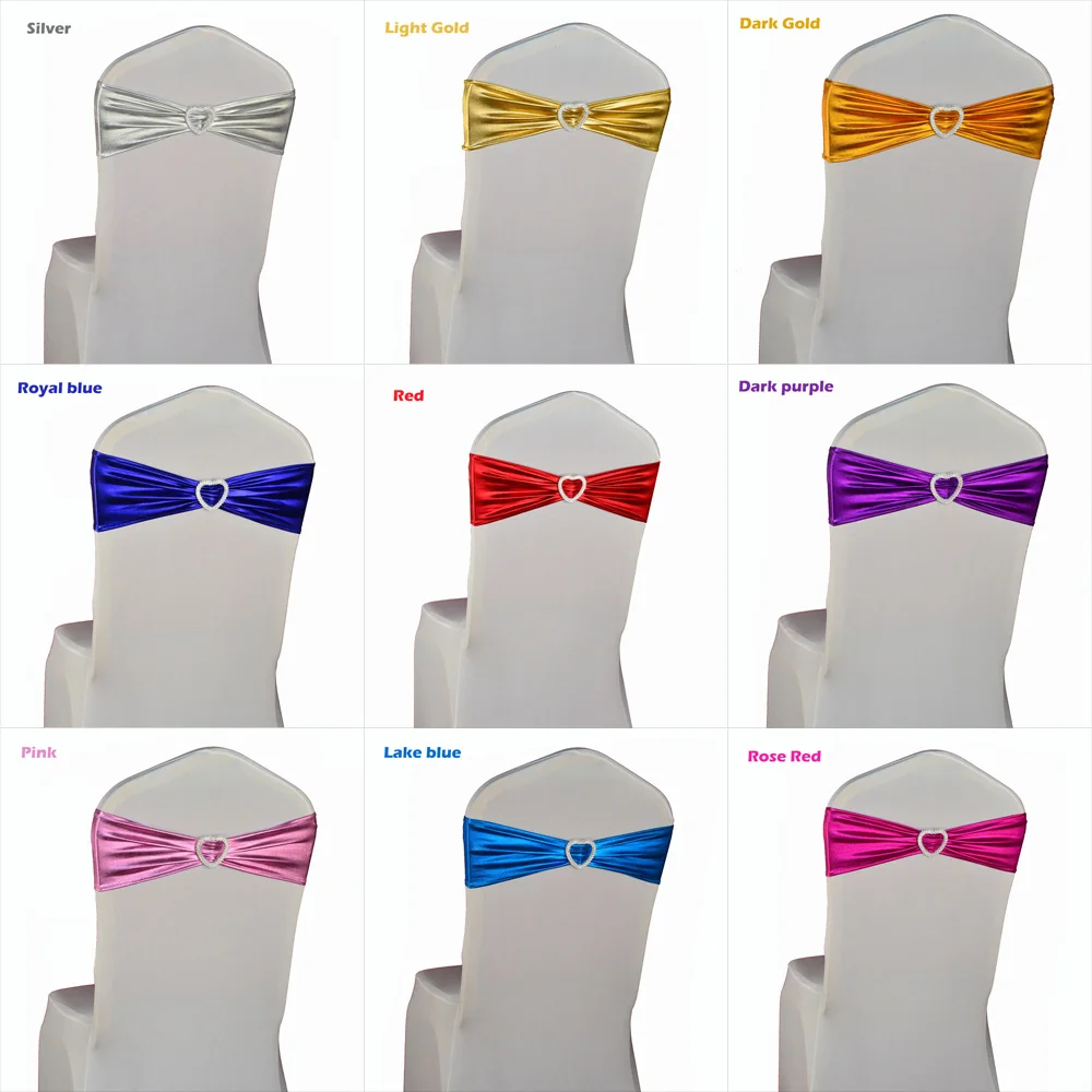 

100pcs Elastic Chair Bands With Heart Buckle Slider Metallic Chair Sashes Bows For Wedding Decorations 10 Colors