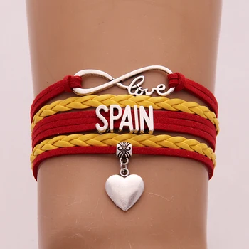 

(10pcs/lot) Infinity Love SPAIN Bracelet Heart Charm Red Yellow Leather Rope Bracelets & Bangles Country Jewelry For Women Men