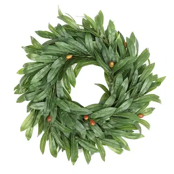 

16 Inch Door Wreath Artificial Real Wicker Frame Faux Olive Leaves | UV Resistant Farmhouse Home Decor Built-In Hanging Loop S