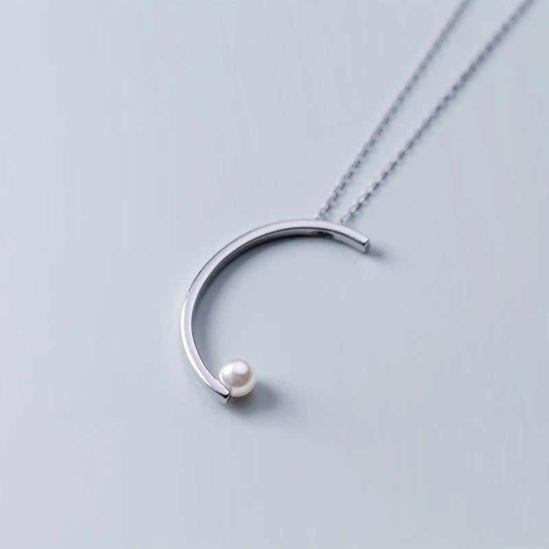 

S925 Silver Necklace Pendant Female Korean Style Fashion Personality Moon Necklace Pearl Crescent Bay For Women Gift