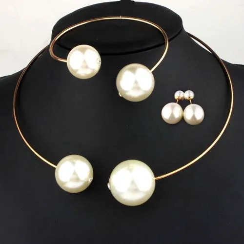 VIVILADY, Модные Ювелирные наборы, огромный искусственный жемчуг, стразы, ожерелье, серьги браслеты, кольца, для женщин, Vogue, свадебные подарки - Окраска металла: 3pcs set white